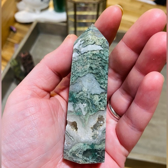 SOLD Moss Agate With Geode Inclusions Crystal Tower - Picture 1 of 7